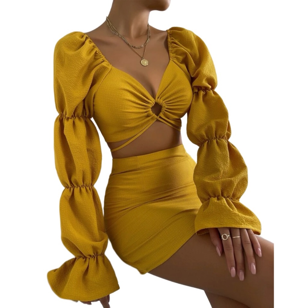 Cut Out Gathered Sleeve Flounce Cuff Crop Top & Bodycon Skirt